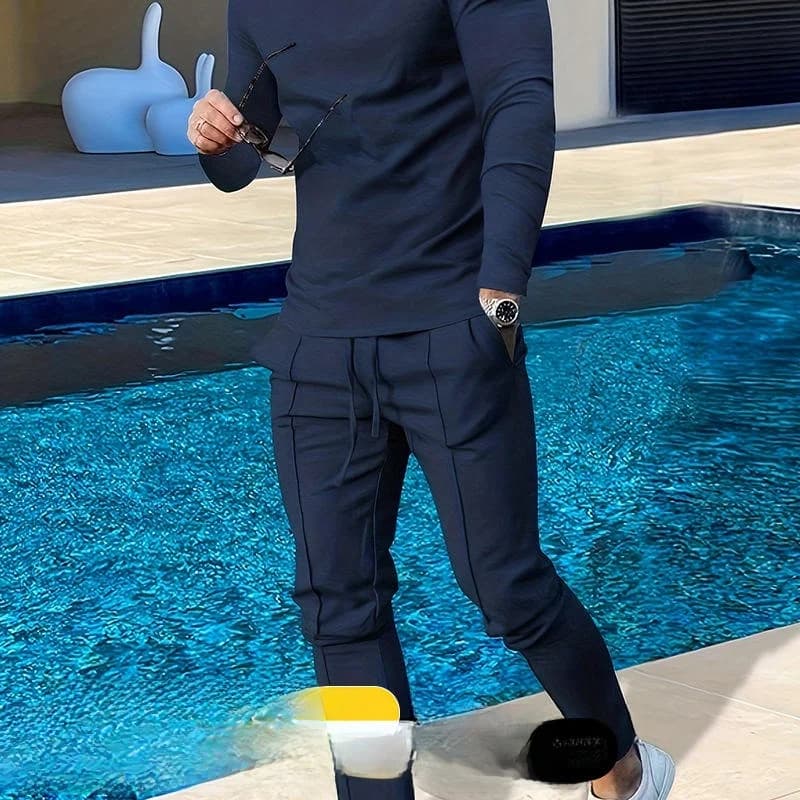 Men's Casual Long Sleeve round Neck T-Shirt And Pants Set Pure Color Spring Autumn Two-Piece Suit for Teenagers