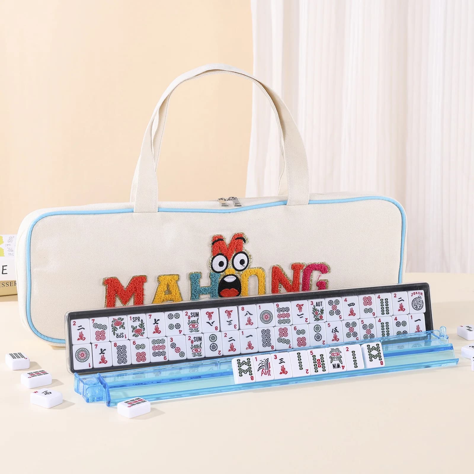 Borsa per piastrelle Mahjong in tela Borsa per il trasporto adatta per rack da 20" Tappetino piegato con cerniera completa con logo patch in gomma Borsa per rack Mahjong con 4 tasche interne