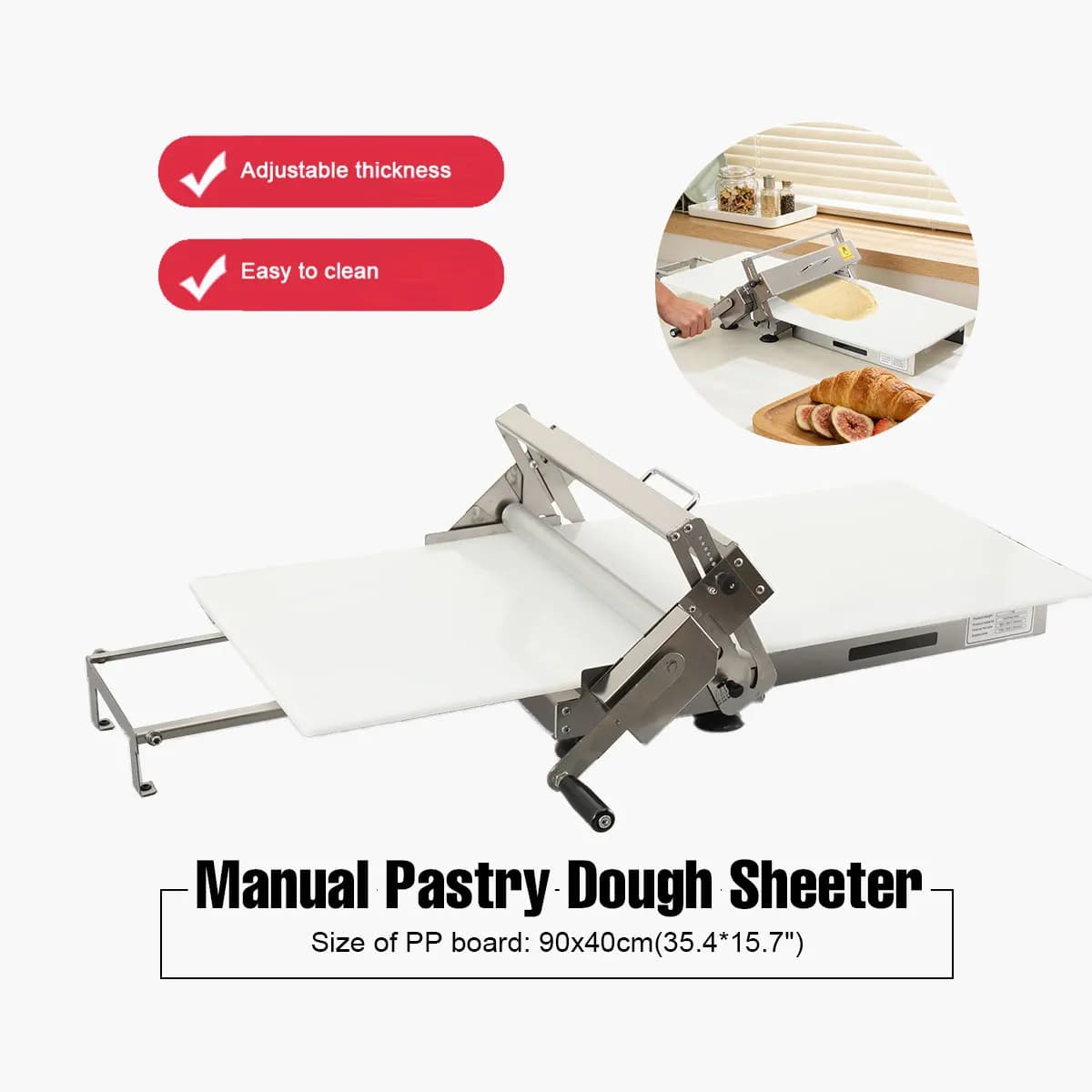 Macchina per Pressare Impasto Croissant 1-25mm, Sfogliatrice Manuale per Pasta, Rullo per Impasto con Spessore Regolabile per Pizza, Pane e Pasticceria