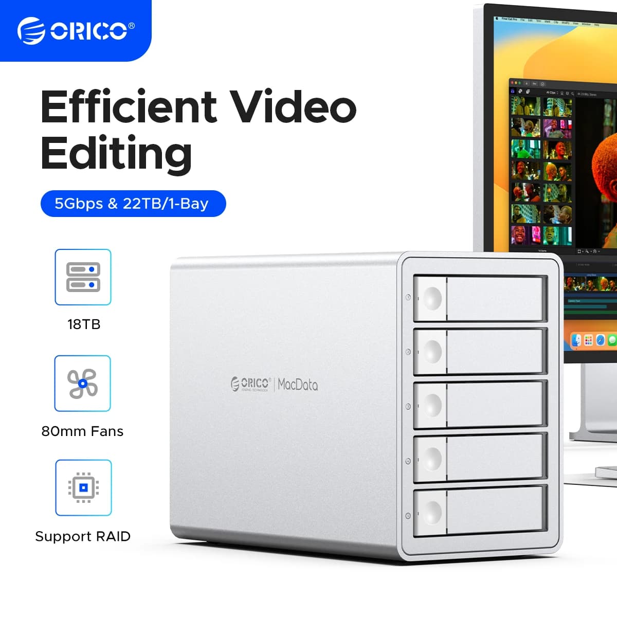 ORICO 3.5 "RAID USB3.0 5 Gbps HDD Docking Station 150 W di potenza con ventola di raffreddamento per dispositivo Apple 5 Bay RAID DAS Studio Series