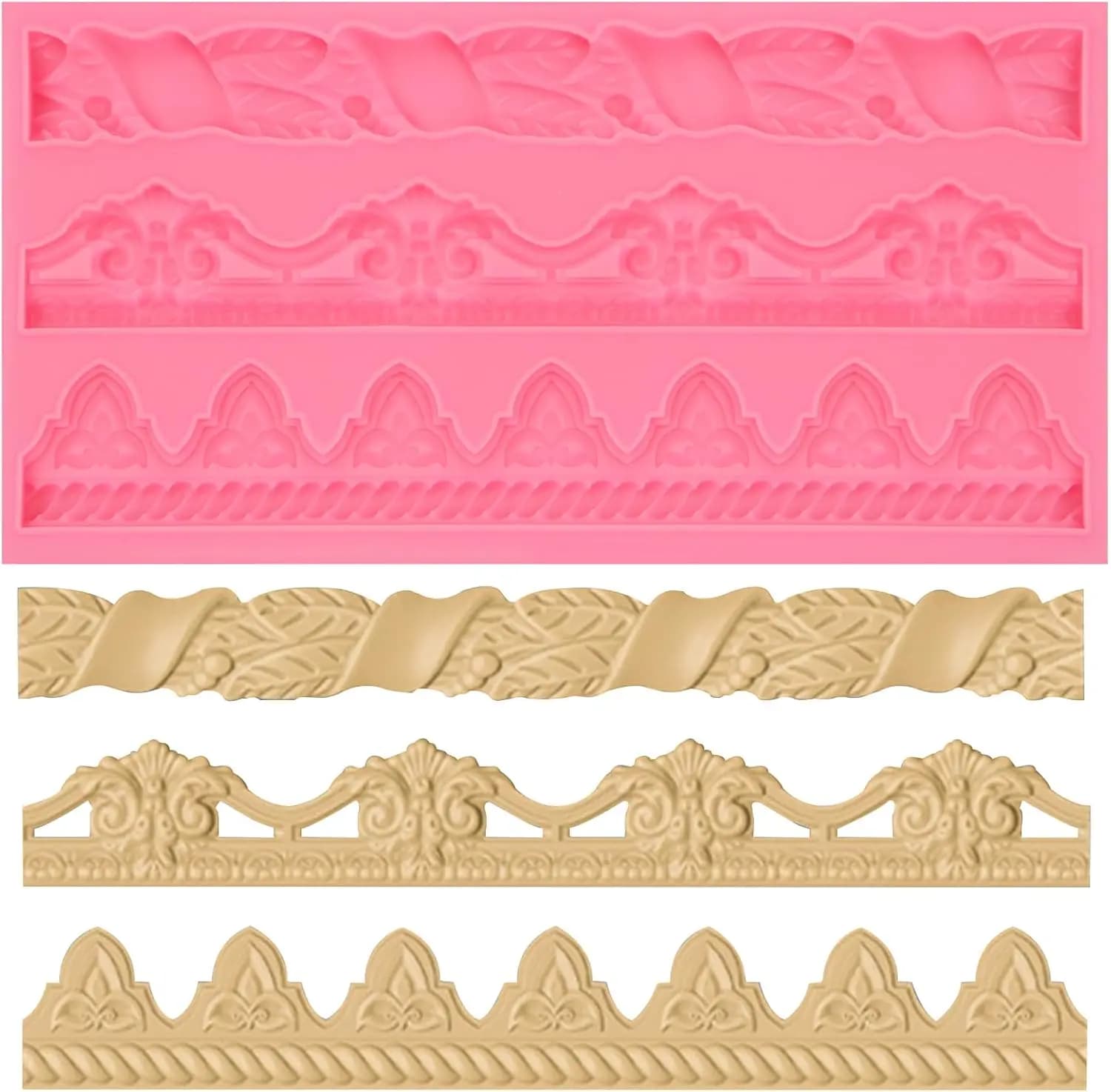 Stampi artistici per la decorazione di torte, stampi per fondente in silicone per scorrimento barocco, stampi per cioccolato con bordo in rilievo floreale per resina