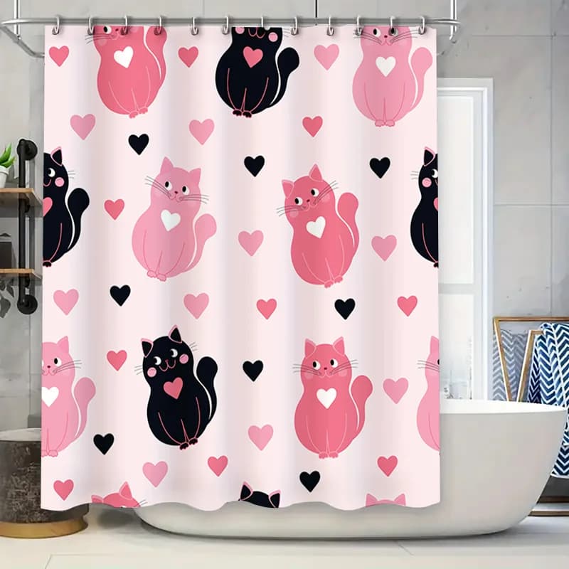 Tenda da doccia con gatto rosa Nero Rosa Cuori d'amore Stampa Decorazioni per il bagno Tende da doccia resistenti all'acqua in poliestere per bagni di casa