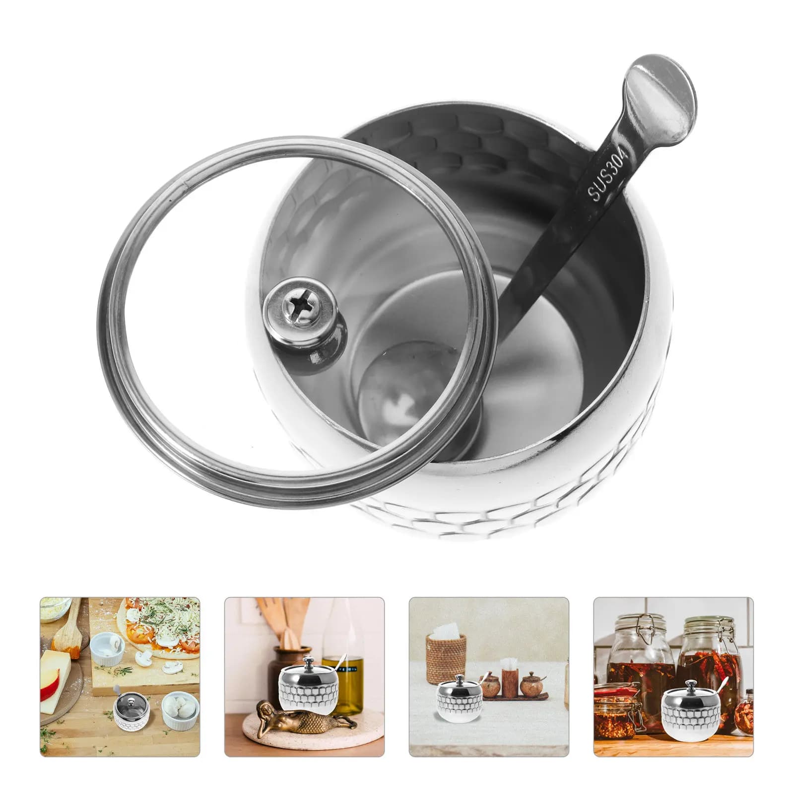 Set di Contenitori per Spezie in Acciaio Inox con Coperchio e Cucchiaio, Portasale, Pepe, Zucchero e Condimenti Riutilizzabile per Cucina