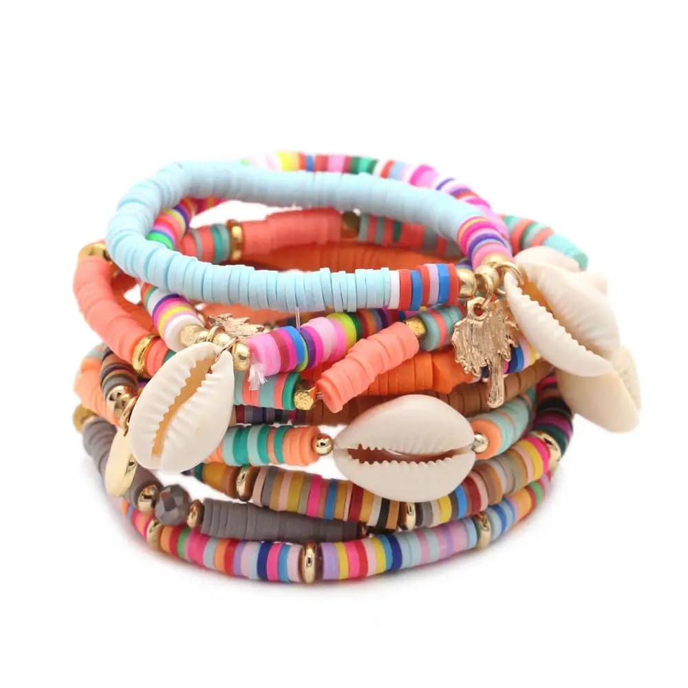 Boho Multicolore Del Polimero Heishi Perline Ciprea Seashell Palma di Fascino di Stirata Del Braccialetto Delle Donne Ventole Conchiglia di Mare Surf Regalo Dei Monili
