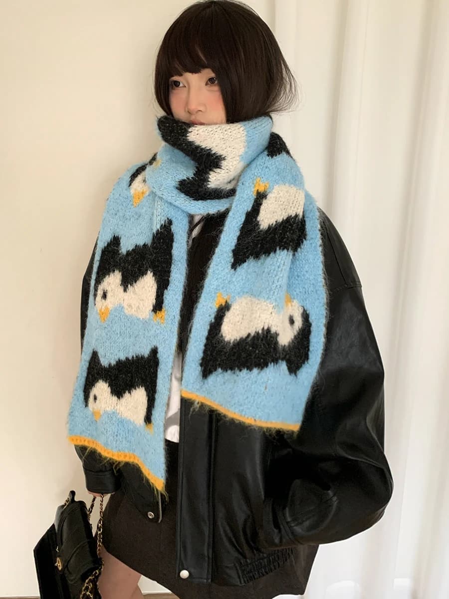 Sciarpa da pinguino lavorata a maglia simpatico cartone animato per donna contenente lana protezione per il collo calda e ispessita