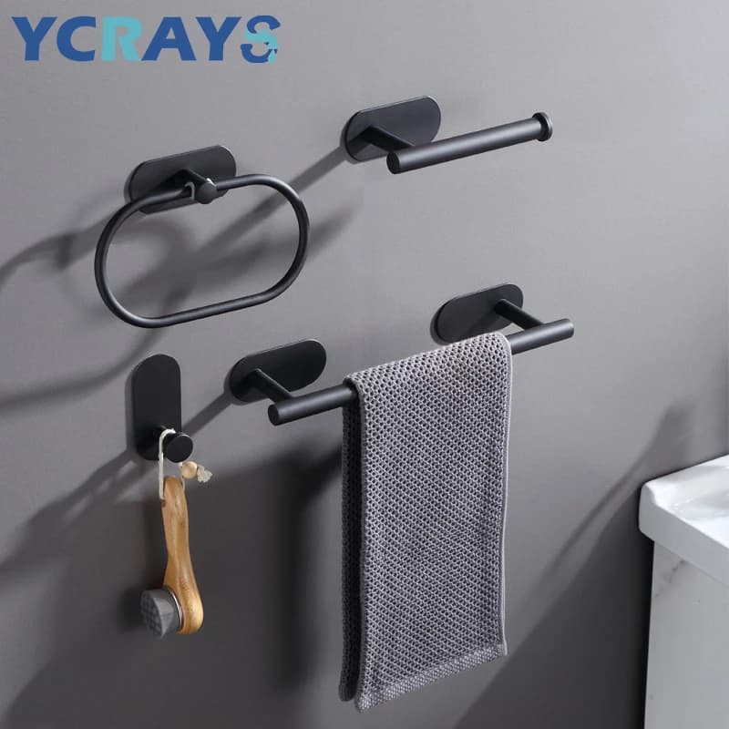 YCRAYS No drilling Set of black bathroom accessories Hygienic paper roll holder Bar Rail Bathrobe ring Hardware Hook