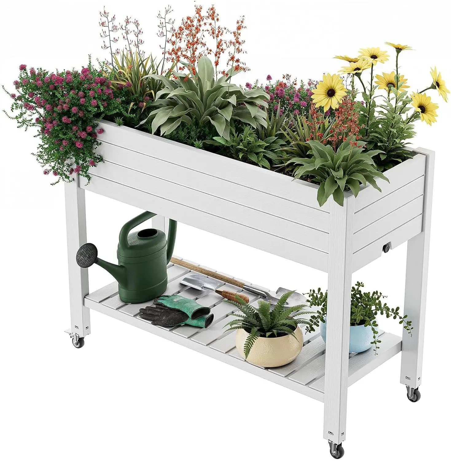 Fioriera Rialzata con Ruote, Grande Vaso da Esterno in Resina per Patio, Divisibile con Tappo di Drenaggio, Monitoraggio Acqua per Piante