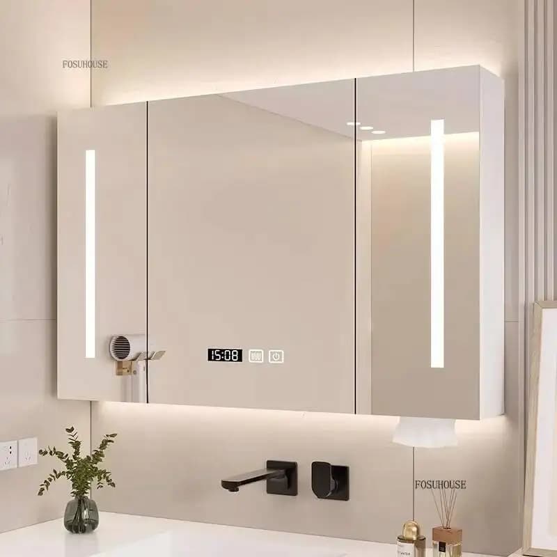 Armadietto a Specchio Intelligente in Legno Massello per Bagno, Montaggio a Parete, Moderno Mobile Bagno con Display Orario e Funzione Antiappannamento e Luce