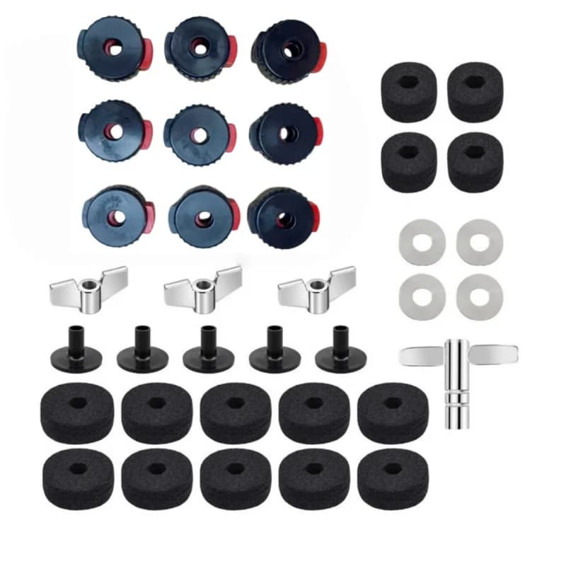 Set di 36 Accessori per Piatti da Batteria, Design a Sgancio Rapido Rosso e Nero con Feltro per Frizione, Dado a Farfalla, Rondella e Manicotto per Batteria
