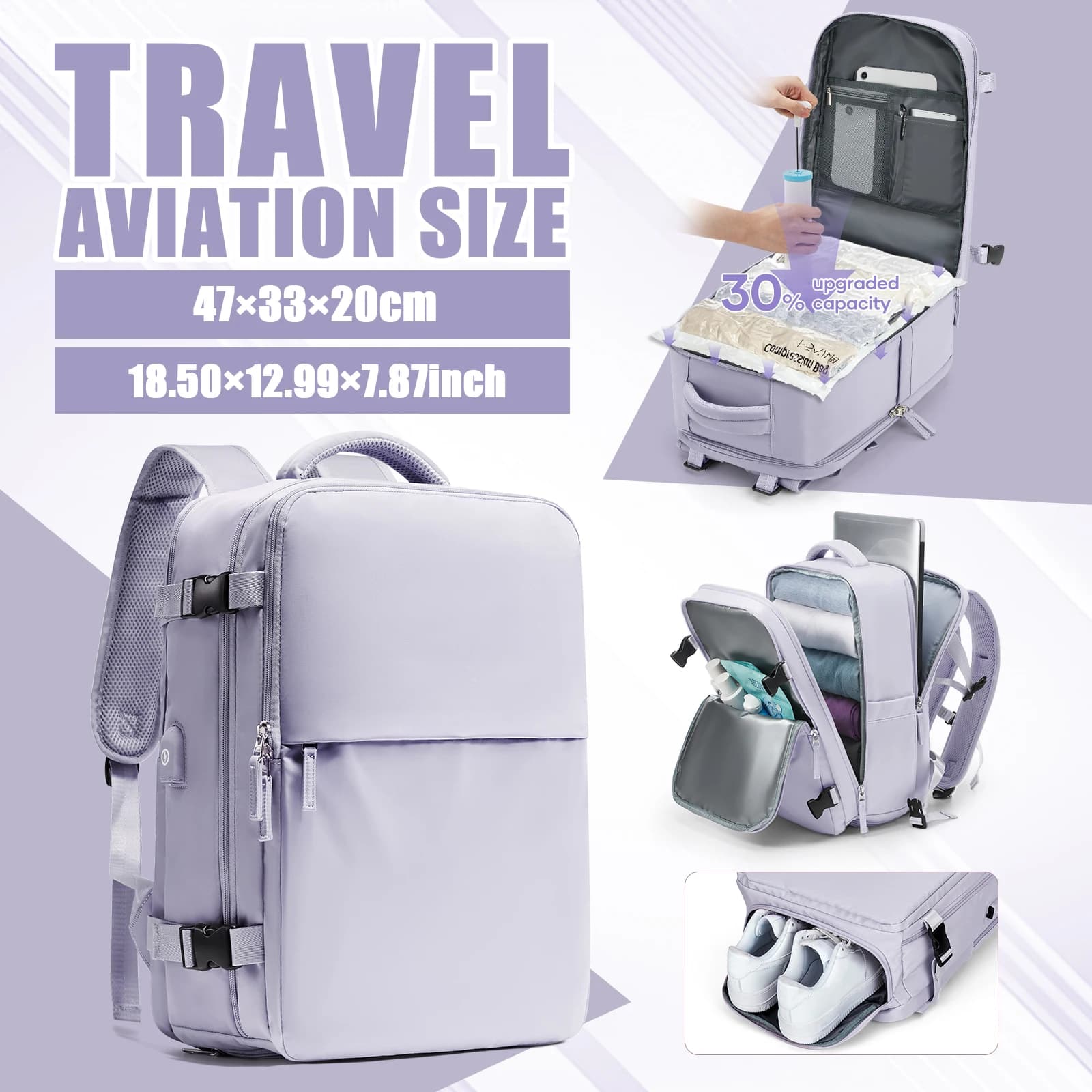 Zaino con Compressione Sottovuoto, Zaino da Viaggio per Cabina Aerea, Zaino da Donna, Bagaglio a Mano, Borsa per Laptop, Zaino Scolastico