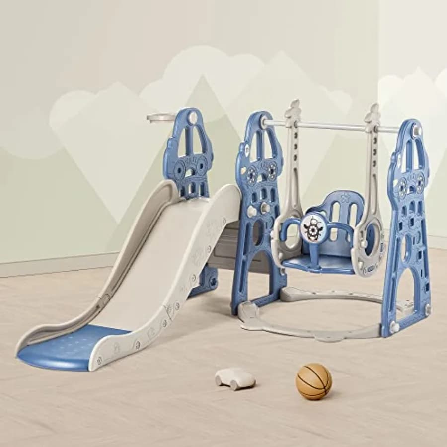 Set Scivolo e Altalena 4 in 1 per Bambini da 1-2 Anni, Scivolo per Neonati con Canestro da Basket, Scivolo per Interni ed Esterni