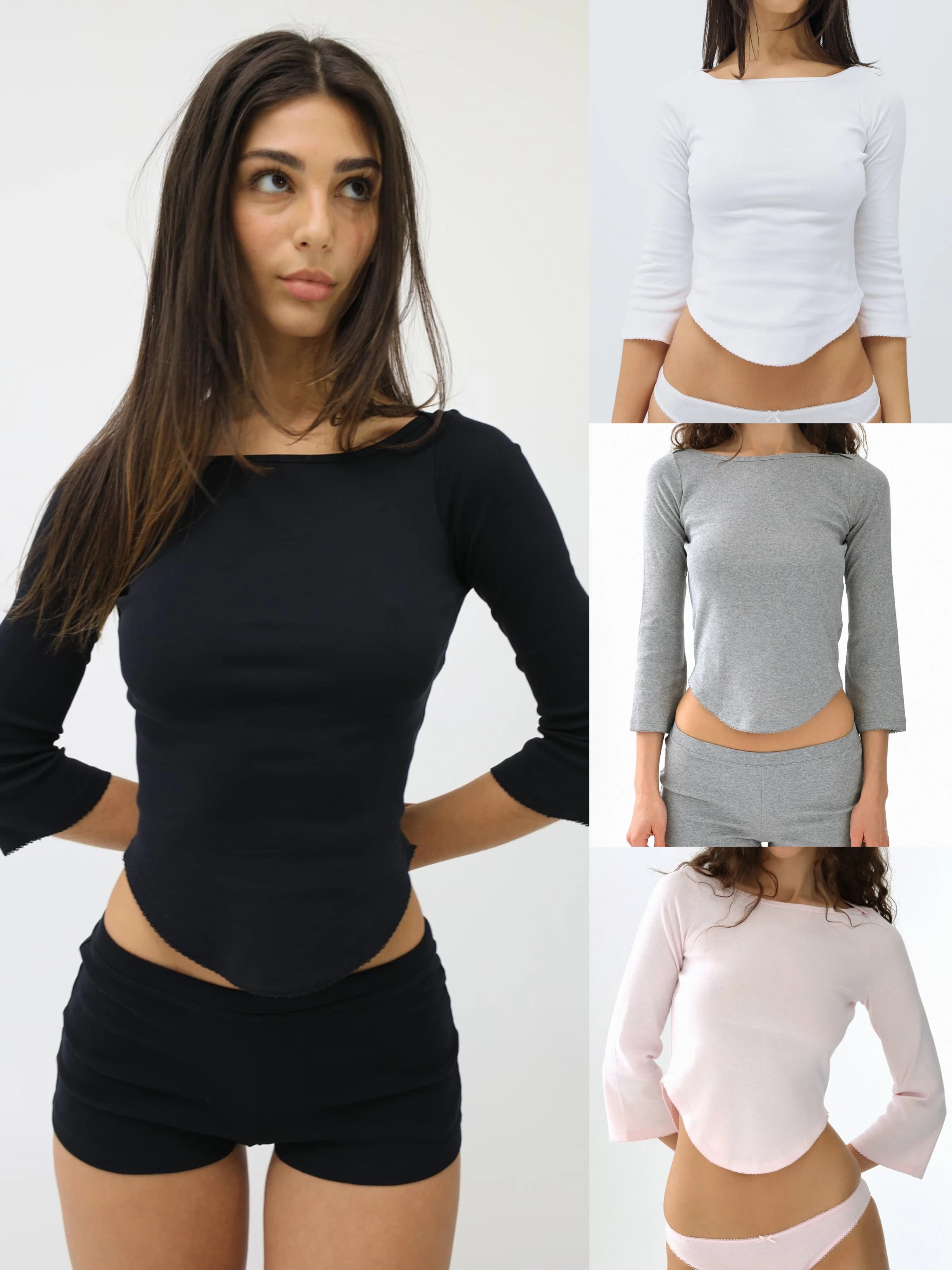 Maglietta a Maniche Tre Quarti Autunnale con Collo Tondo, Design con Orlo a V, Top Casual alla Moda in Grigio, Bianco con Dettagli in Pizzo, Base Rosa