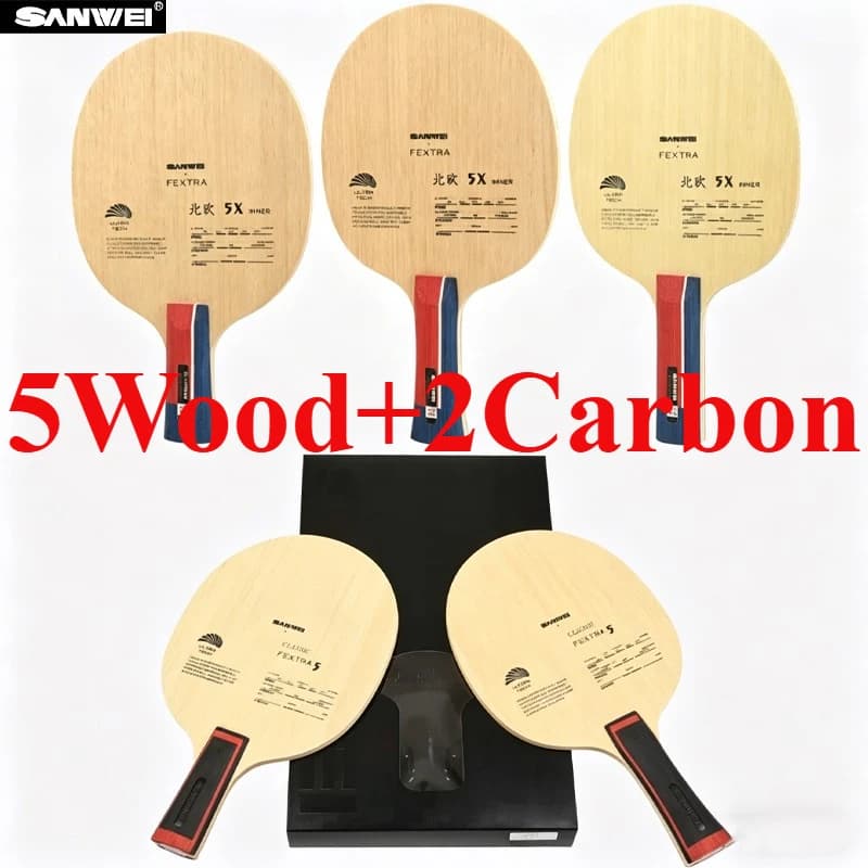 Racchette da Ping Pong Sanwei Nordic 5 Inner / 5X Blu / Giallo, Lama Professionale in Arylate-Carbonio Completamente in Legno
