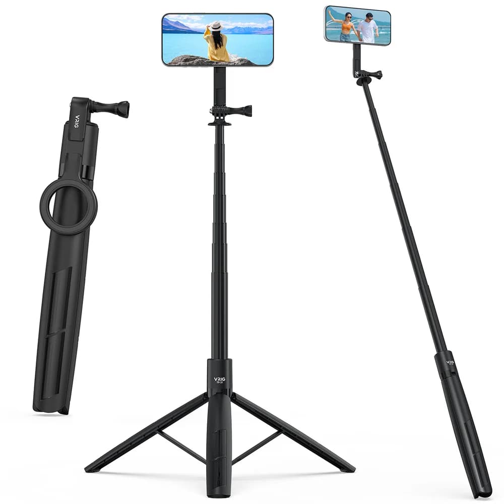 Treppiede Magnetico VRIG 74" per Fotocamera/Smartphone, Compatibile con iPhone 17/DJI Action 5/Insta 360 X5, Asta Selfie con Attacco 1/4"/Go Pro/Supporto per Telefono