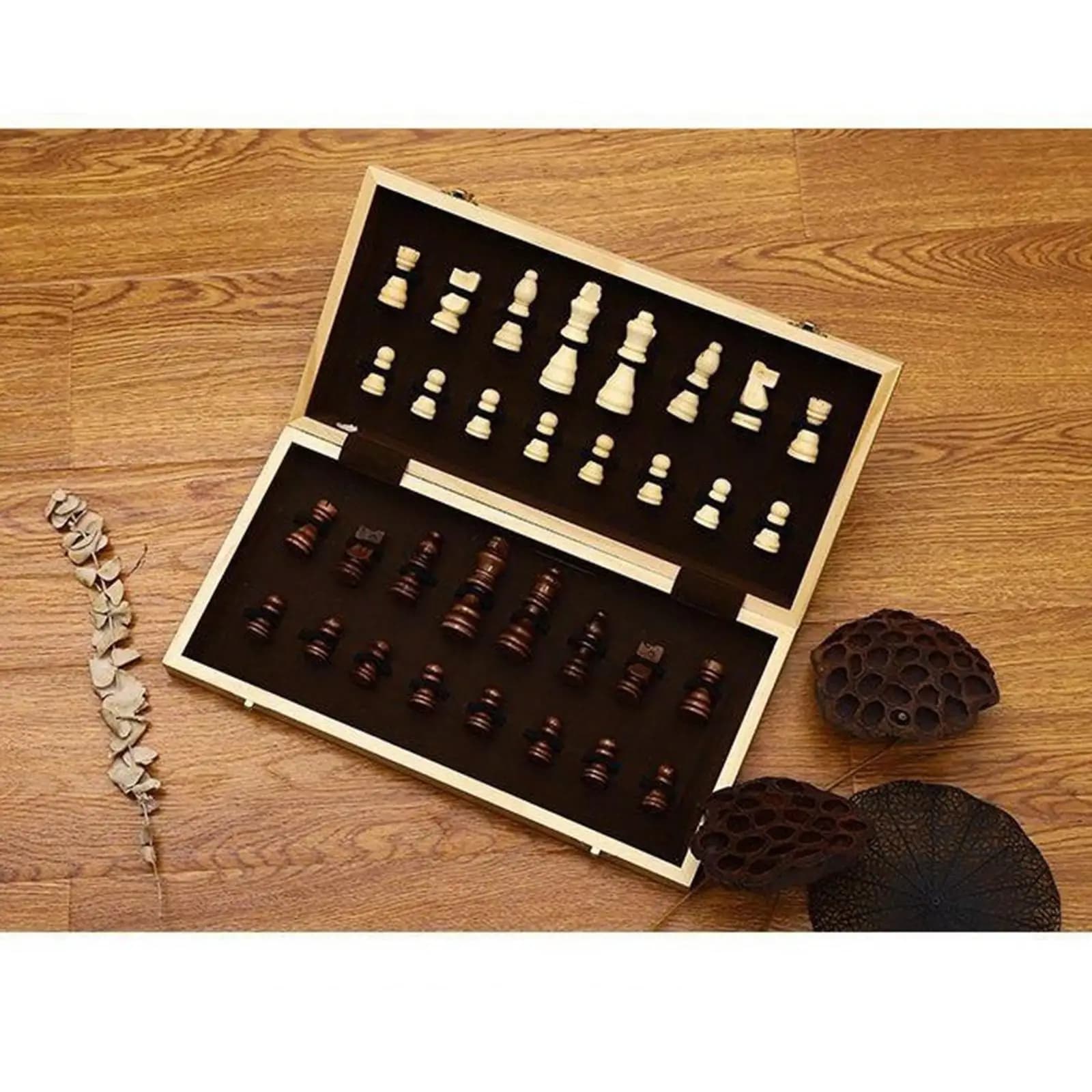 Wooden International Chess Set Foldable Chess Board Storage Space Chessboard 32x