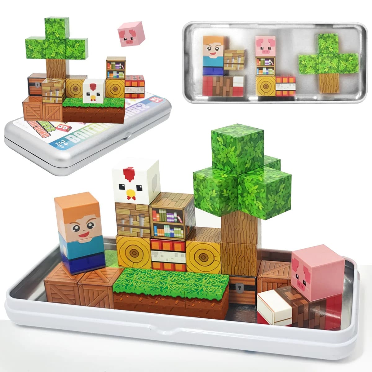 Set di blocchi magnetici con scatola di ferro da 27 pezzi, piastrelle magnetiche, giocattolo di blocchi di puzzle per bambini, set di blocchi di costruzione educativi prescolari