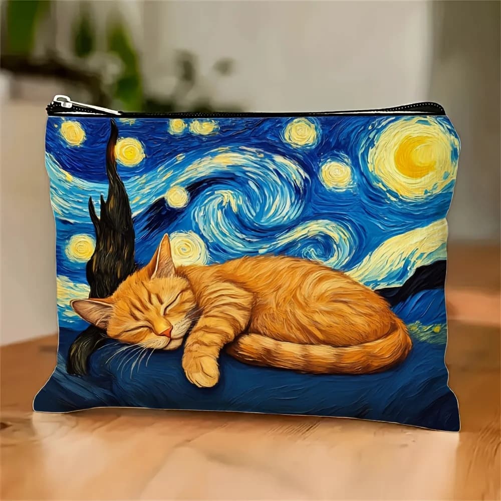 A Cat Starry Night Printed Makeup Bag - Nice multifunctional case with women's zipper, bag to store jewelry