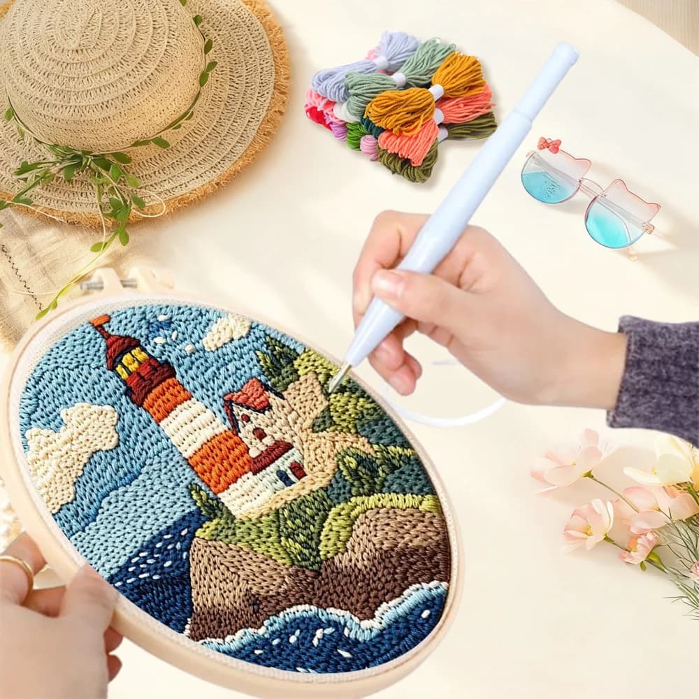 20X20CM Sailing Lighthouse Scenery Punch Needle Frame Modern Artwork Cloth For Punch Needle Gift Beginner Embroidery Kit