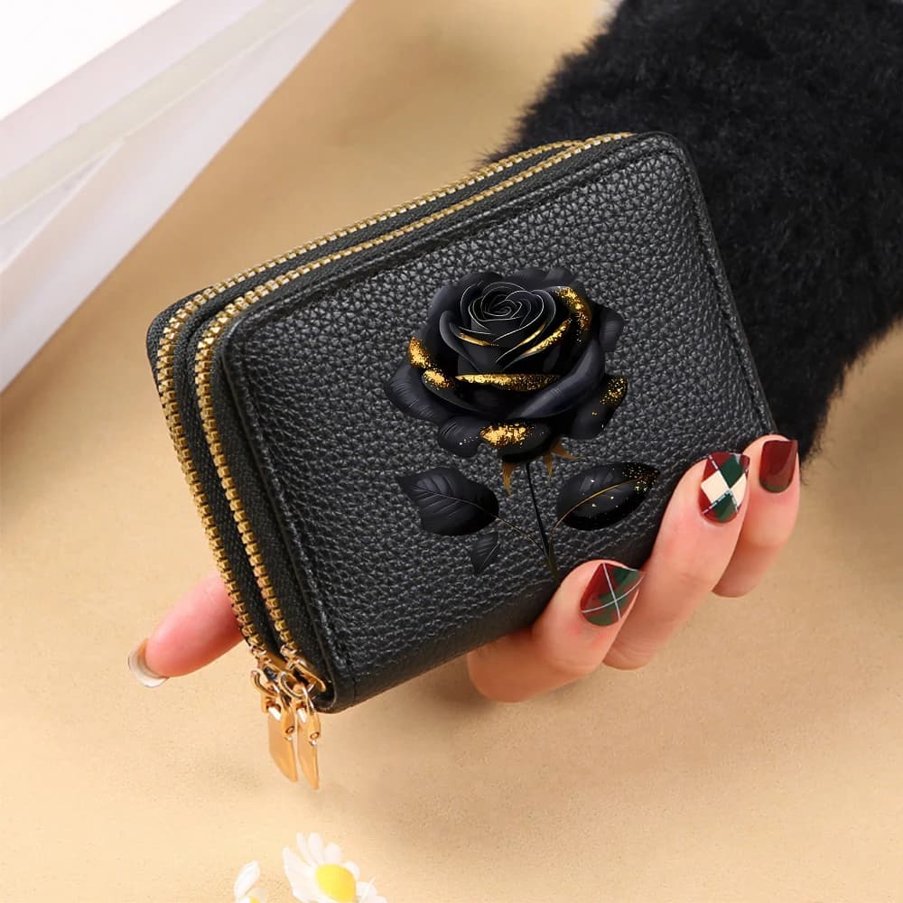 Portafoglio da donna con stampa rosa, portamonete con doppia cerniera, porta carte di credito RFID, porta carte multiplo, borsa nera da uomo, portafoglio piccolo e leggero, regalo