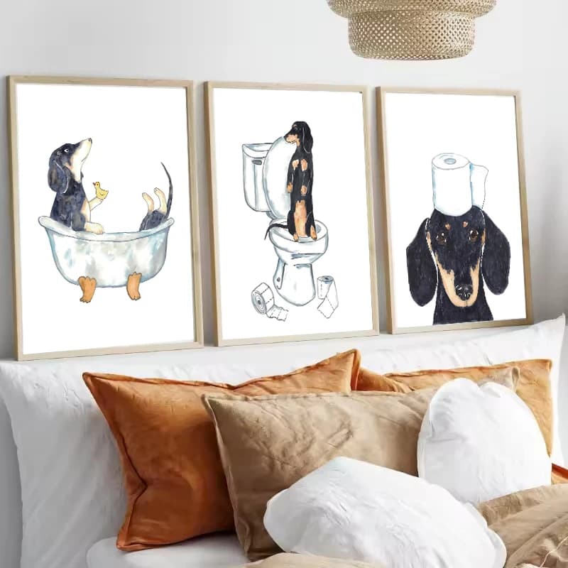 Poster con stampa artistica ad acquerello di un cane bassotto sul WC, stampa su tela con animali divertenti, decorazione da parete per il bagno, decorazione per la casa