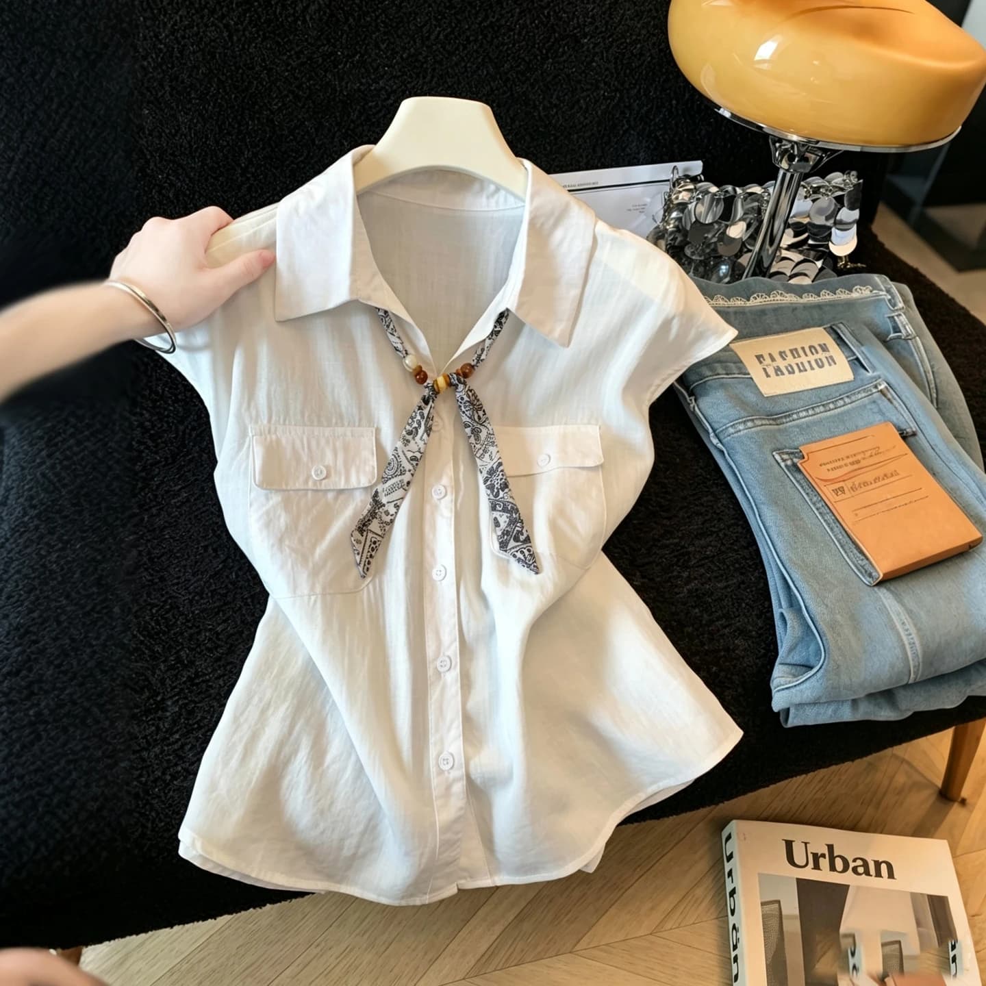 New Style Women's Shirt Summer White Scarf Turn-down Collar Short Sleeve Korean Versatile Slimming Top Skin-friendly Breathable