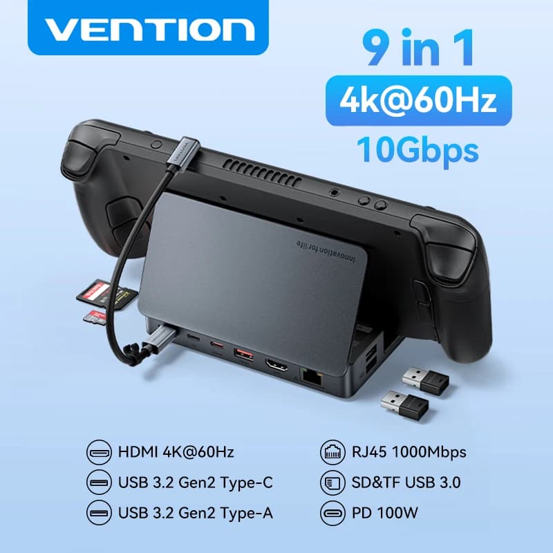 Vention USB C Game Docking Station for Steam Deck HDMI 4K@60Hz RJ45 USB 3.2 10Gbps Adapter HUB for Switch Rog Ally X Legion Go