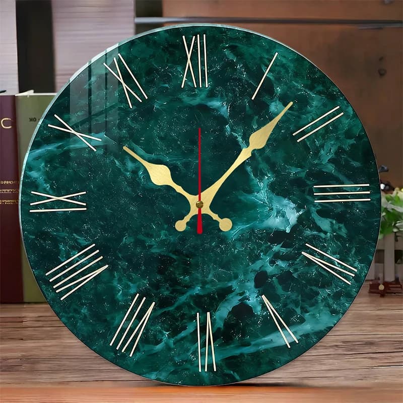 Orologio da parete sospeso silenzioso rotondo in legno con struttura in marmo verde acqua, adatto per soggiorno, ufficio, sala studio, camera da letto, decorazione domestica
