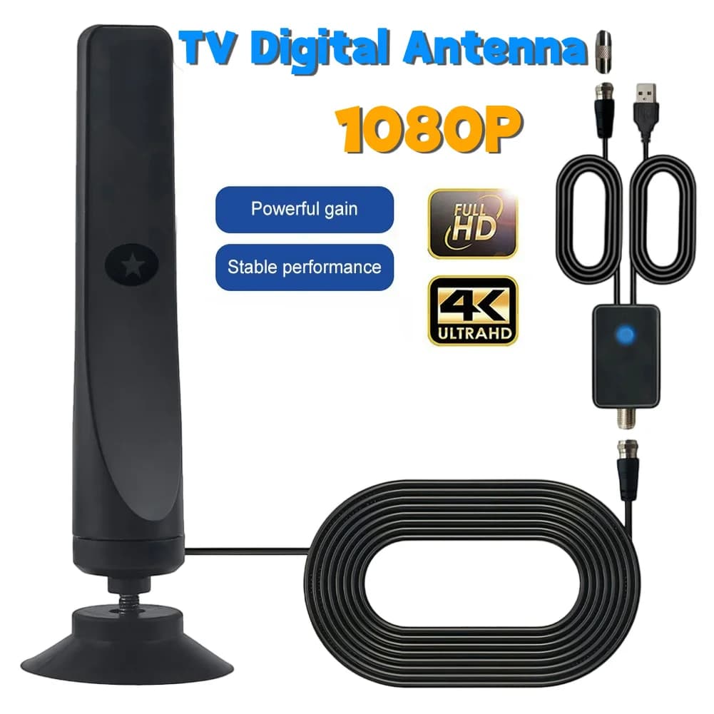 Digital TV antenna 1080P with Signal Amplifier, TV antenna with suction cup, 4K support, High Earning antenna Plug & Play for Smart Digital TV