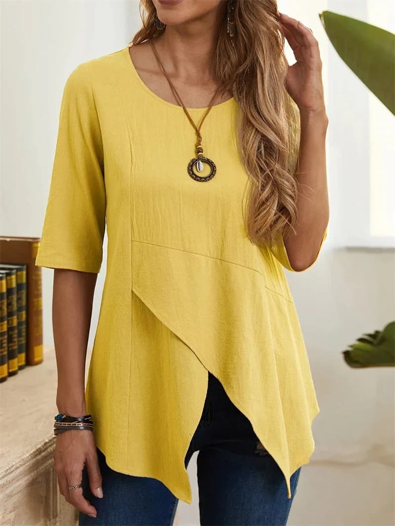 Elegante tinta unita irregolare cotone lino Pullover top donna O collo Slim Fit mezze maniche t-shirt donna estate Casual Tees