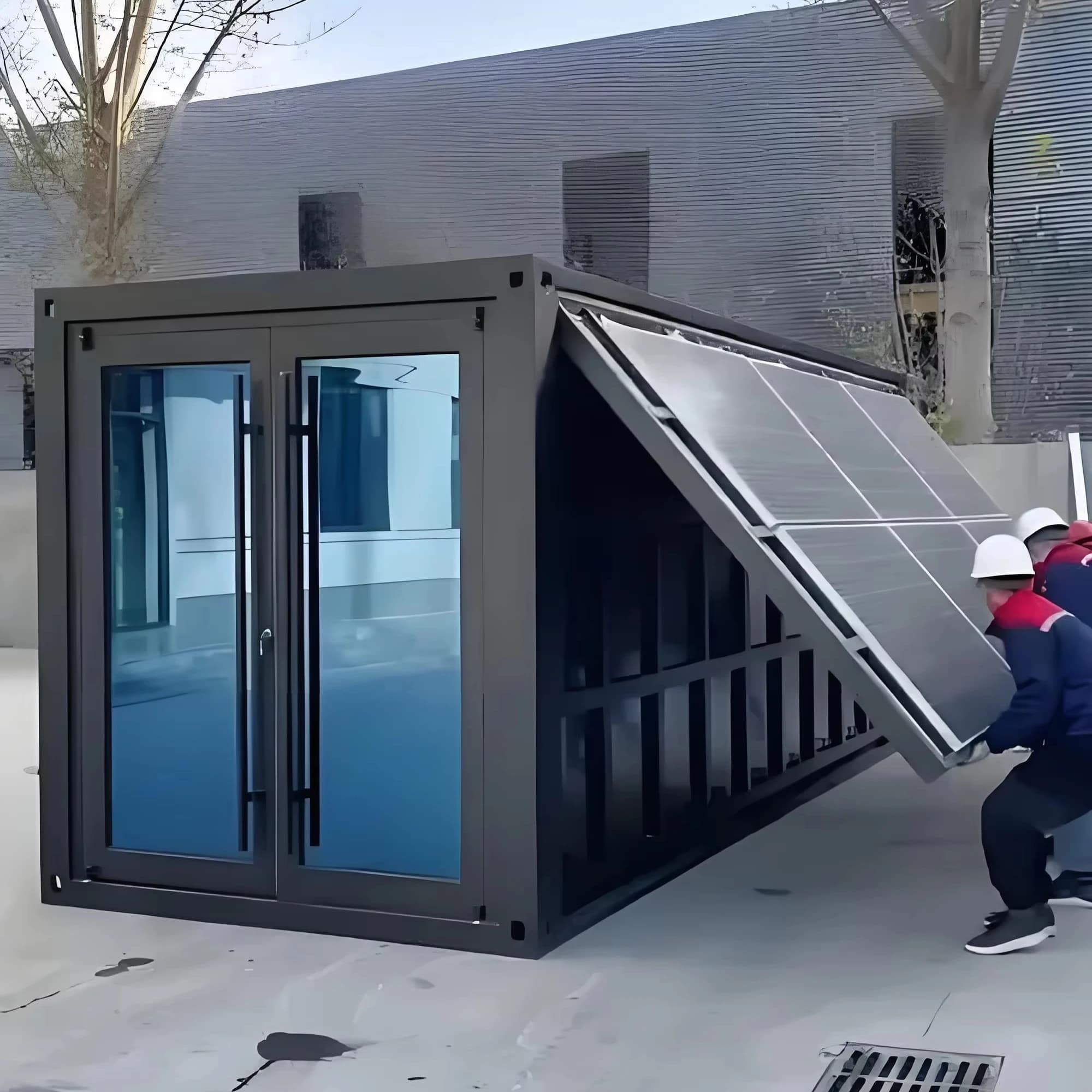 Veranda Retrattile Impermeabile con Pannelli Solari, Casa Container Contemporanea ad Energia Solare con Design Espandibile