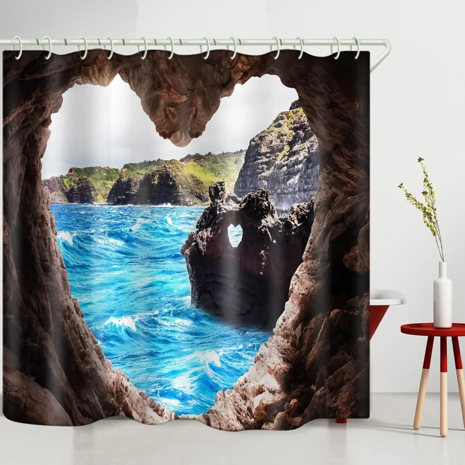 Tenda da doccia decorativa in roccia costiera a forma di cuore, tenda da bagno in tessuto con 12 ganci per tende da doccia