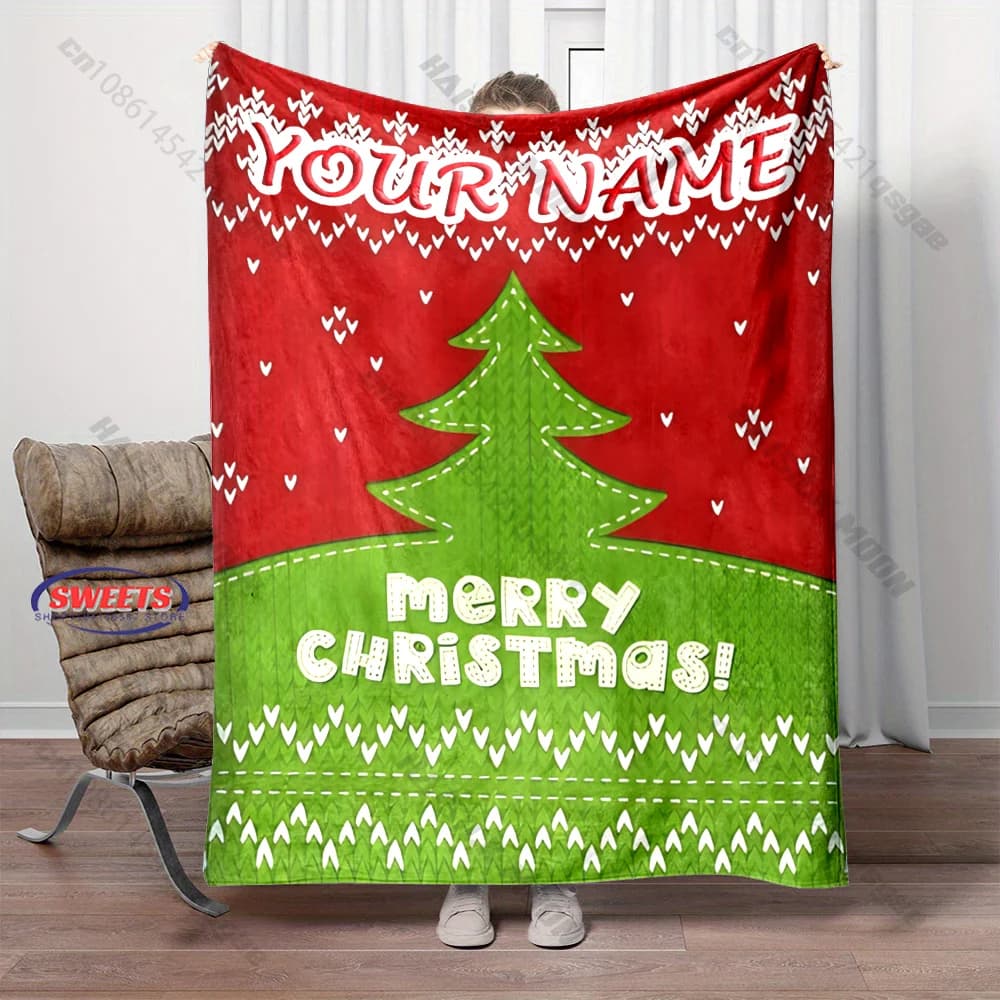 Personalized Custom Name Knitted Style Christmas Tree Blanket,Merry Christmas Embroidery Effect Sofa Blanket,Holiday Decor Gift