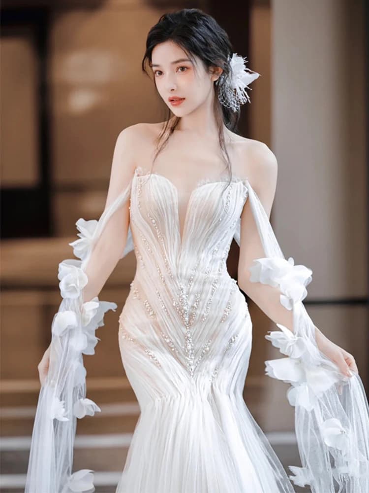 Abito da sposa elegante monospalla stile principessa, lungo con strascico, per feste di fidanzamento, abiti da sposa, design a coda di pesce