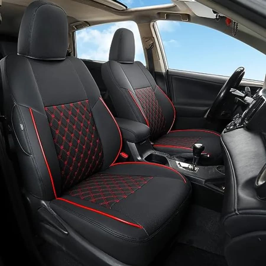 Coprisedili in Pelle PU per Auto, Set Completo su Misura per RAV4 LE 2013-2018 Non-Hybrid, Nero con Linea Rossa