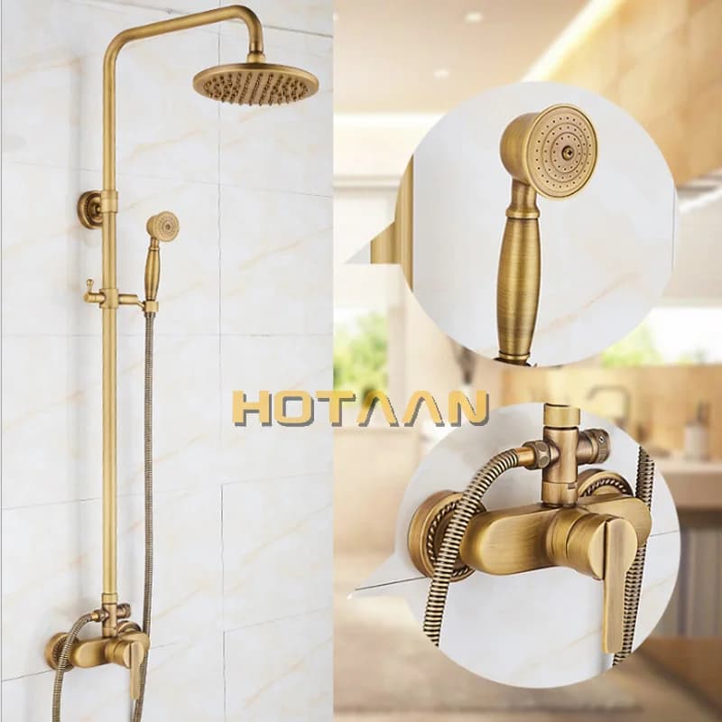 Miscelatore a parete valvola a pioggia rubinetto per doccia in ottone antico set completo + 8 "soffione doccia in ottone + doccetta + tubo flessibile