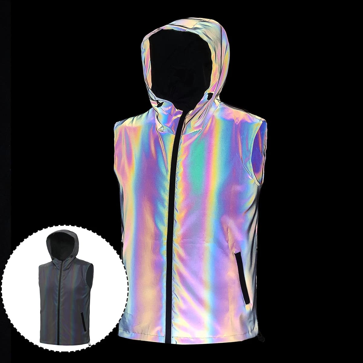 Gilet riflettente notturno da uomo primavera estate sottile con cappuccio moda casual corsa all'aperto danza hip-hop streetwear abiti luminosi