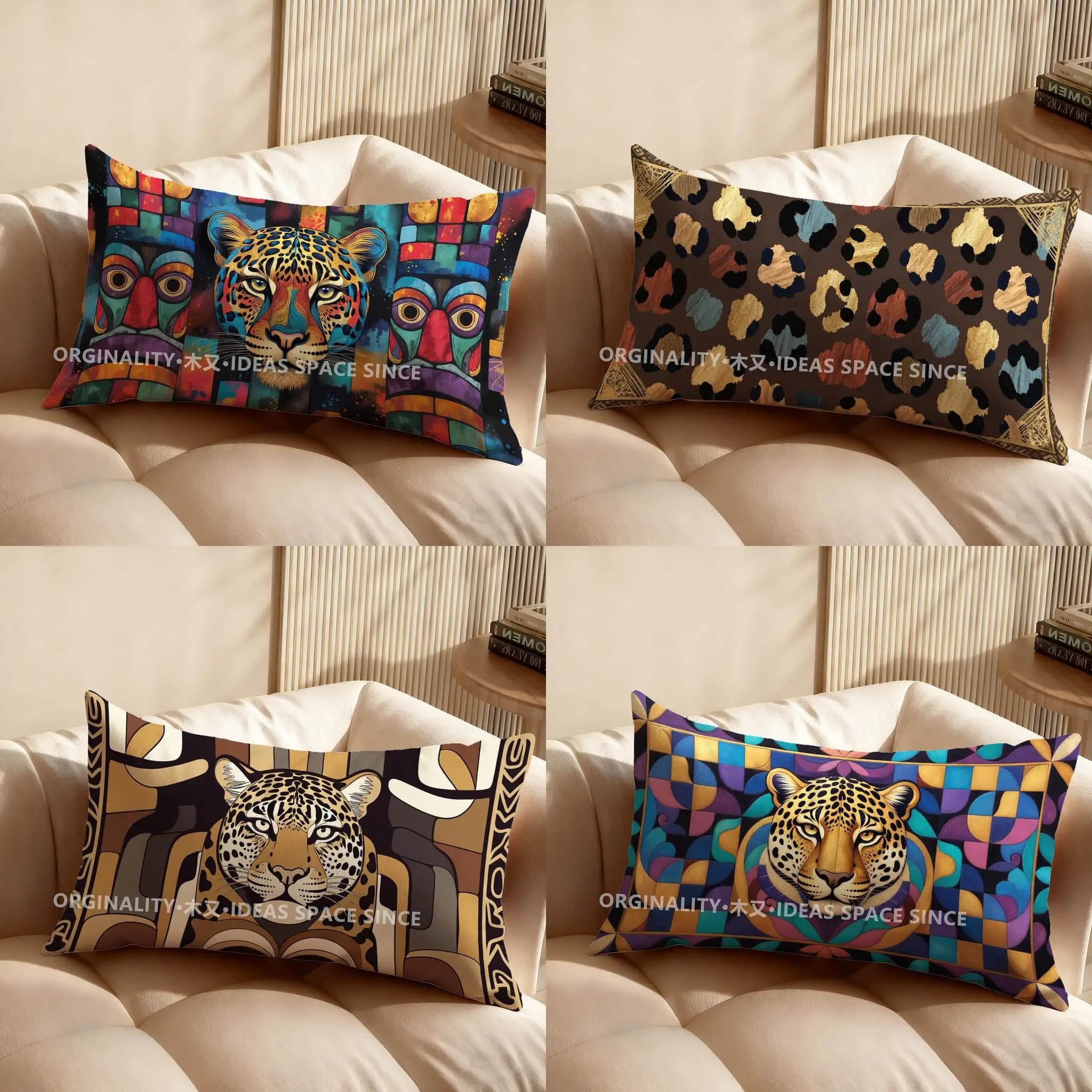 Cuscino 2D colorato con motivo jaguar e tribale, adatto per divano, camera da letto, auto, cuscino rettangolare per la schiena