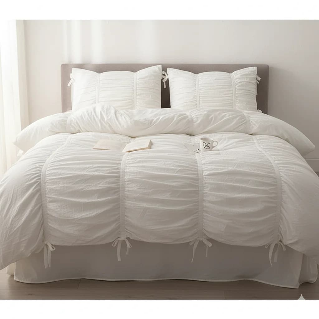 Set di Biancheria da Letto in Cotone 100% Lavato con Volant, Copripiumino Bianco Misura Queen/King con Fiocchi, Ultra Morbido e Traspirante, Set 4 Pezzi