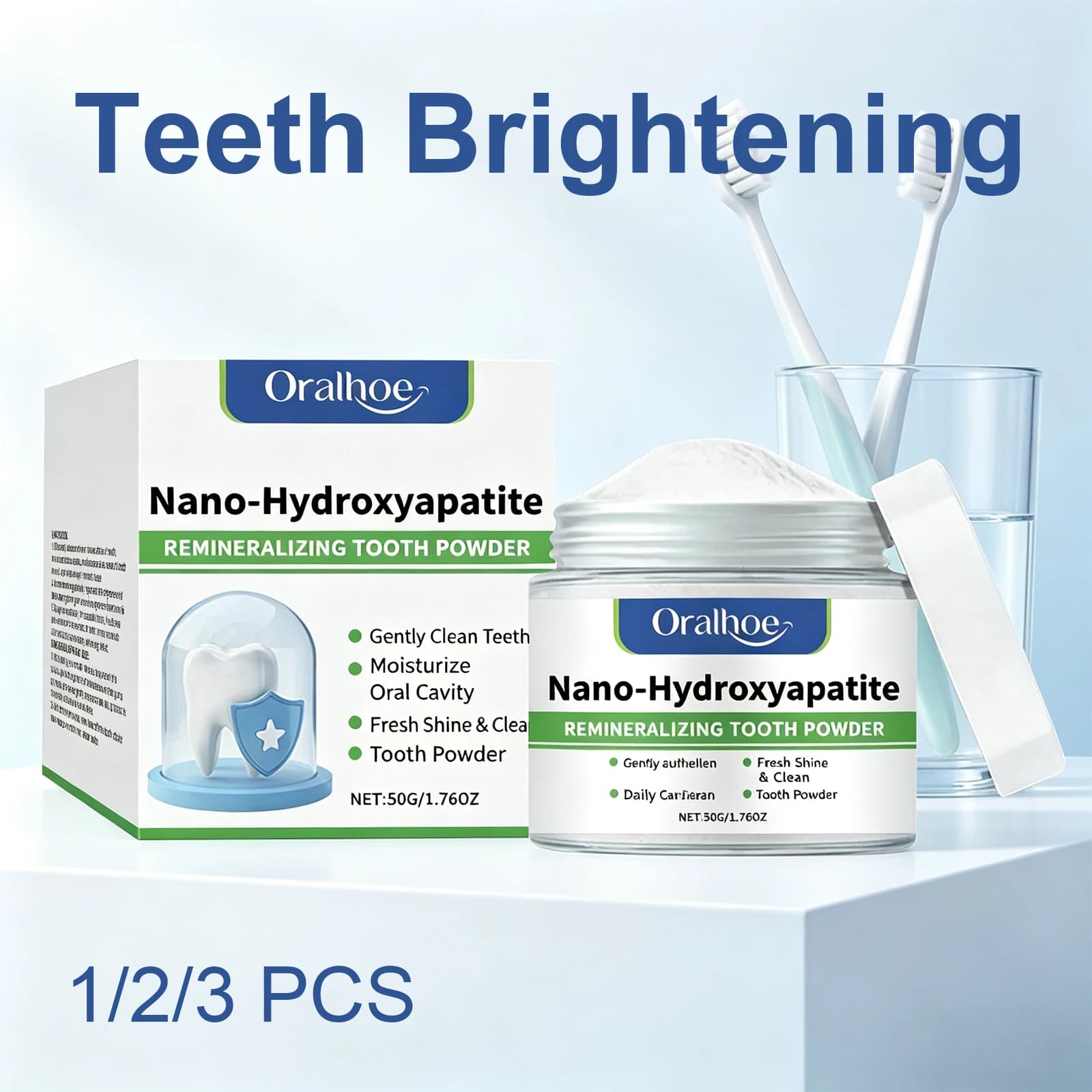 Polvere Dentifricia 50g con Idrossiapatite 10% nHAP, Rimineralizzante per la Riparazione dello Smalto, Sbiancante per Denti, Rimozione Macchie, Menta Fresca per un Alito Rinfrescante