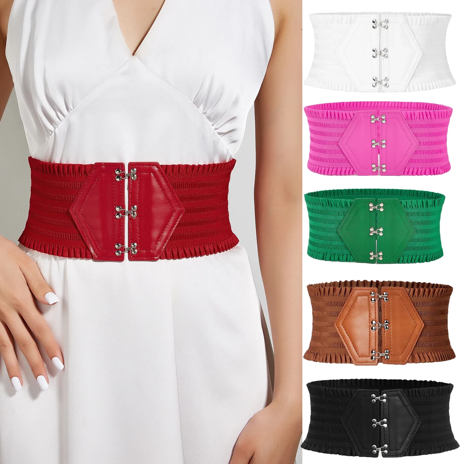 Cintura larga con volant in vita elastica con tripla fibbia vibrante - Elegante cintura decorativa per donna con cinturino regolabile
