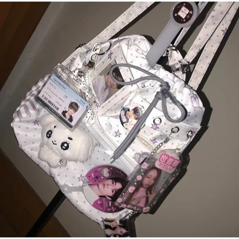 Harajuku Ita Bag,Polka Dot Drawstring Backpack,DIY Transparent Layer Shoulder Tote,Cute Anime Crossbody Purse for Daily Commute