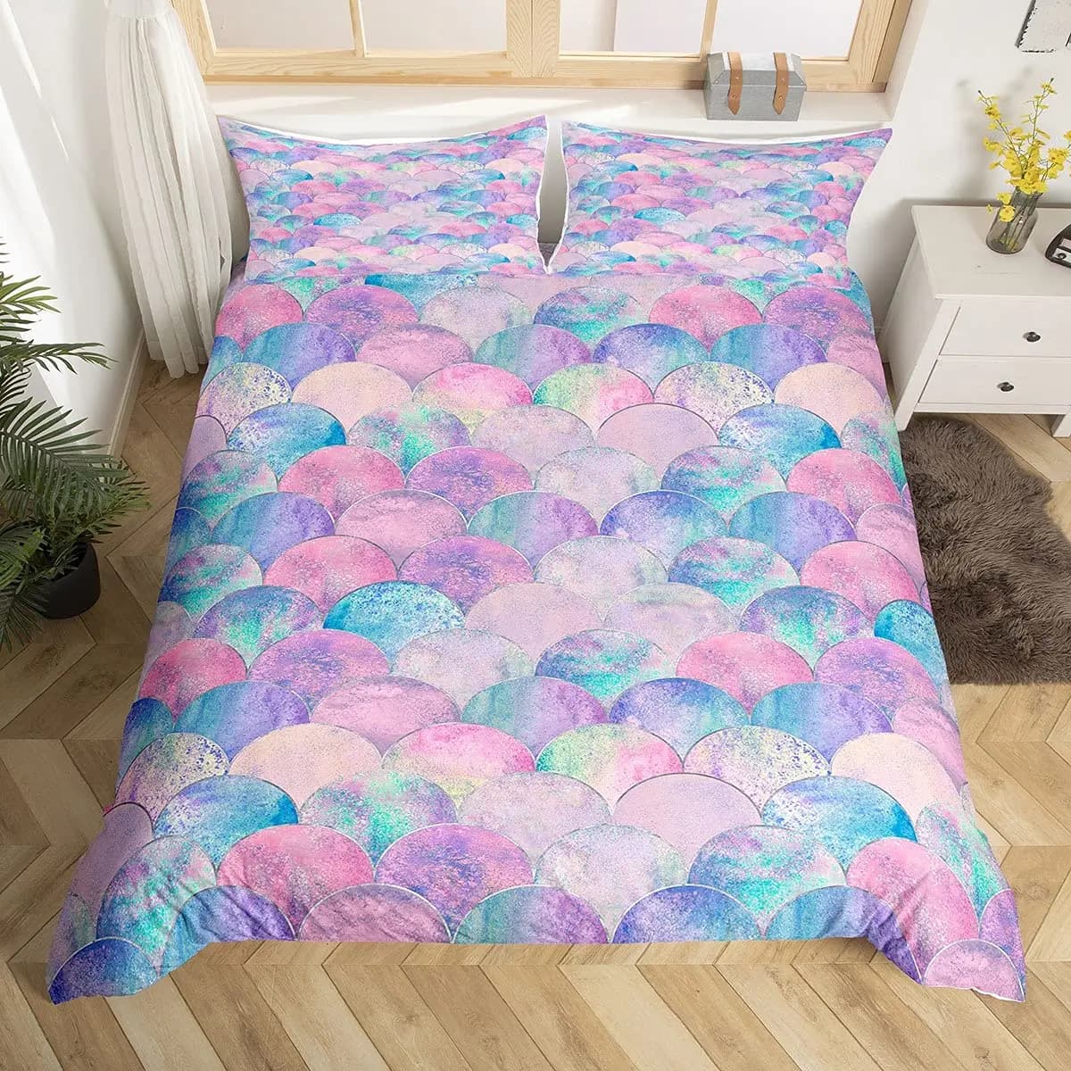 Set copripiumino con squame di pesce Set copripiumino con motivo squame di pesce rosa Set di biancheria da letto gemella colorata per ragazze Donne Copripiumino in microfibra 2/3 pezzi