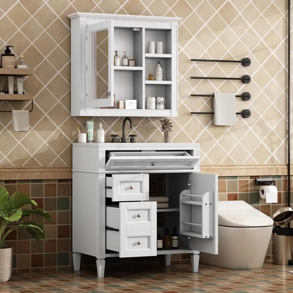 Set Mobile Bagno Bianco da 30 Pollici con Armadietto a Specchio, Doppi Cassetti, Cassetto Estraibile, Armadietto Medicinali a Parete