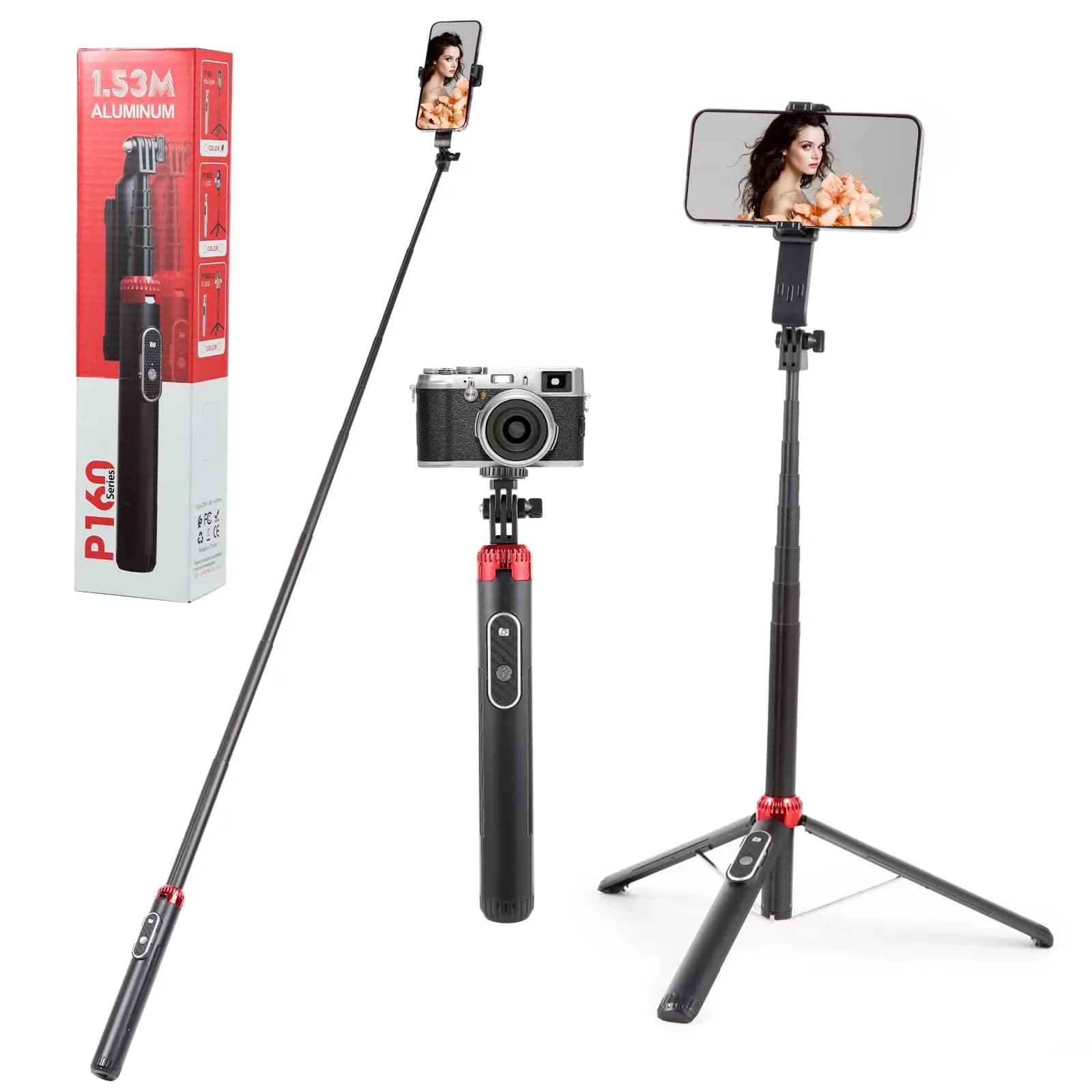 Treppiede per selfie stick da 153 cm Treppiede portatile allungabile per telefono remoto Bluetooth senza fili per fotocamera IPhone Android GoPro