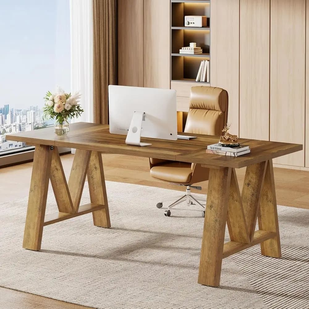 63 Grande scrivania direzionale in legno, postazione di lavoro per computer con gambe robuste per l'home office, marrone