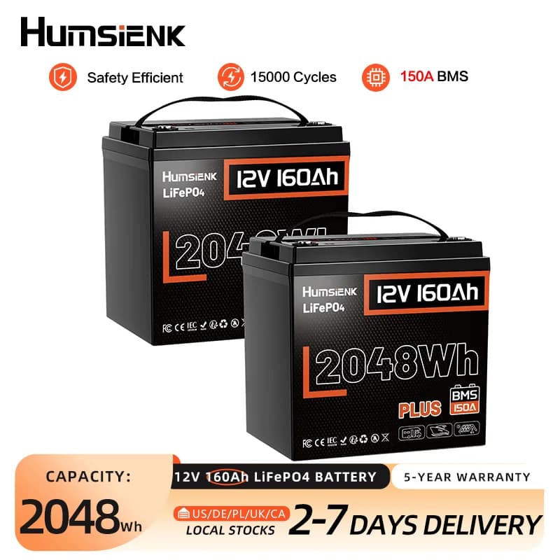Batteria Humsienk 12V 160Ah LiFePO4 2 PEZZI con BMS integrato da 150A per cicli profondi MAX. 8192 Wh per Camper/Campeggio/Accumulo di Energia Solare/Pesca