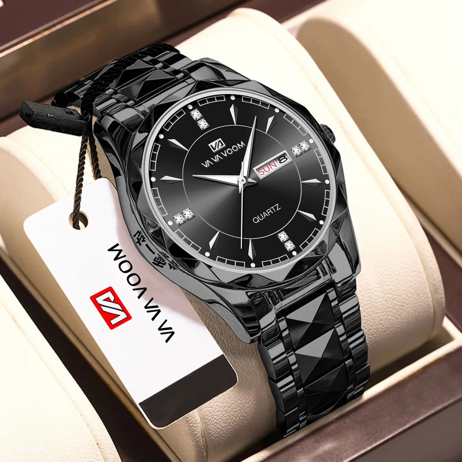 VA VA VOOM Orologio da uomo in acciaio inossidabile Classico orologio da lavoro di lusso con strass neri Orologio da polso sportivo al quarzo con movimento settimanale 3Bar
