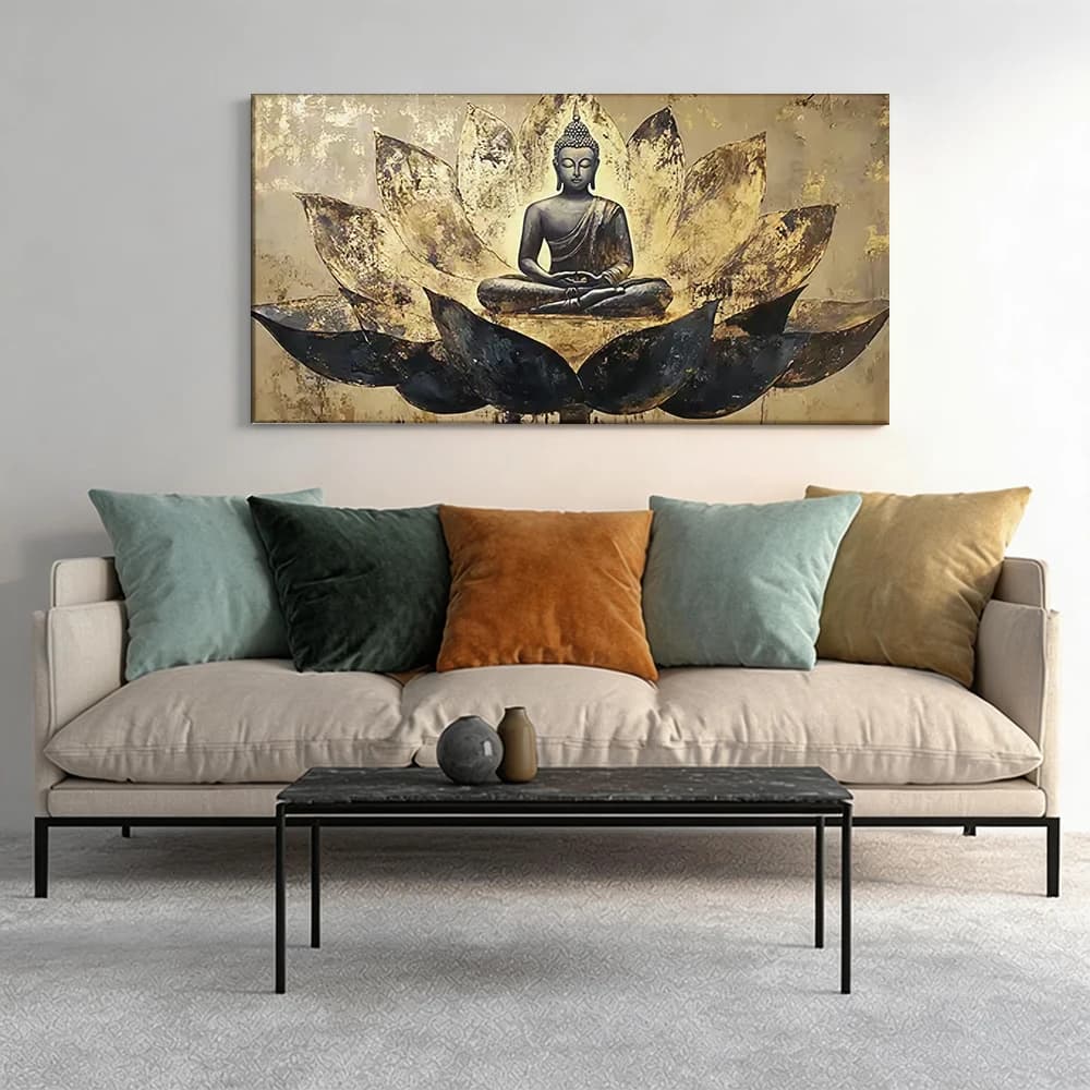 Dipinto decorativo su tela con cornice in legno a 3 pezzi, statua di Buddha su loto, decorazione spirituale per corridoio.
