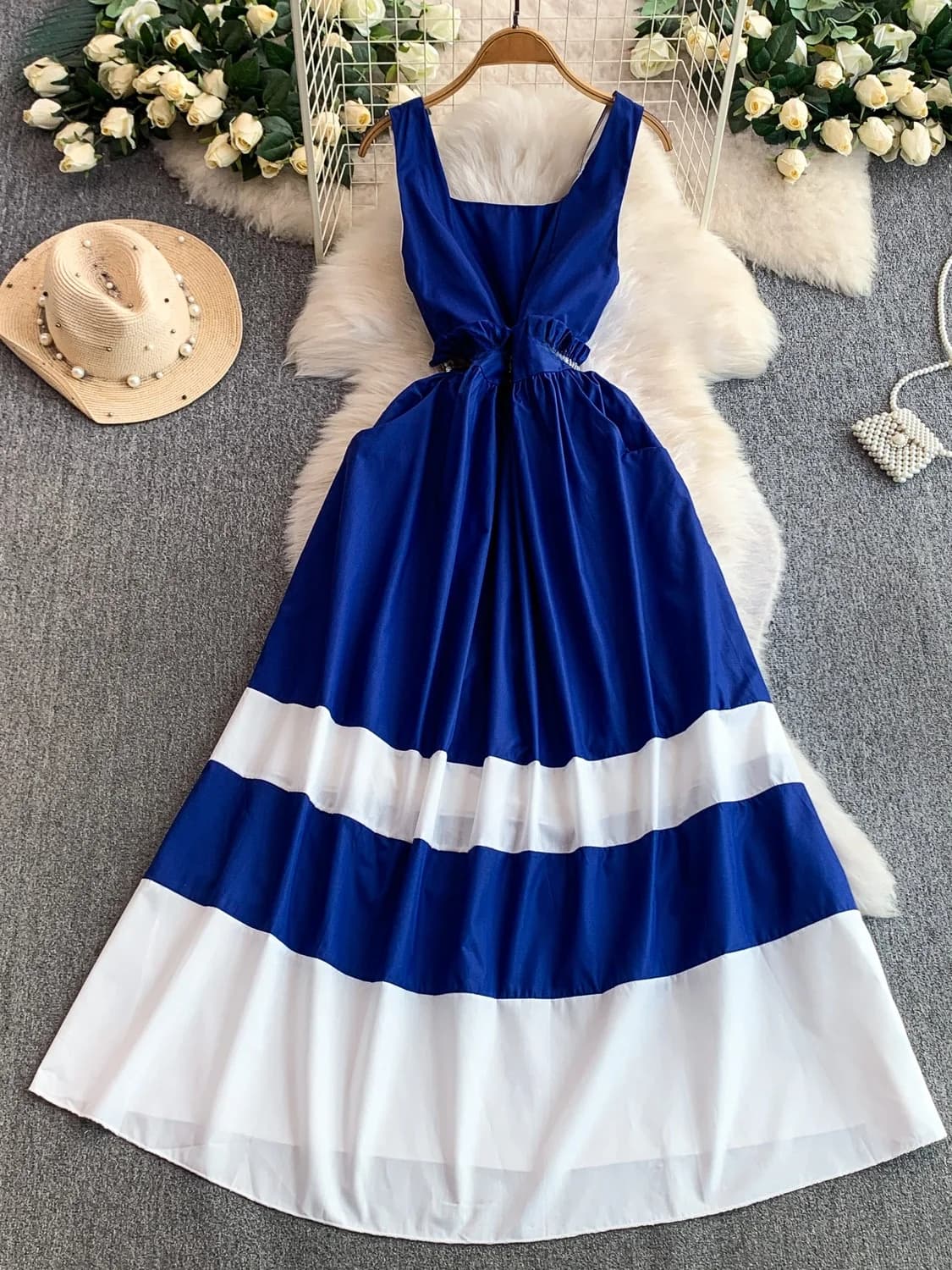 Elegante Abito Lungo Senza Spalline con Collo Quadrato e Blocchi di Colore, Design Primaverile e Autunnale con Perline, Stile Lussuoso per Vacanze