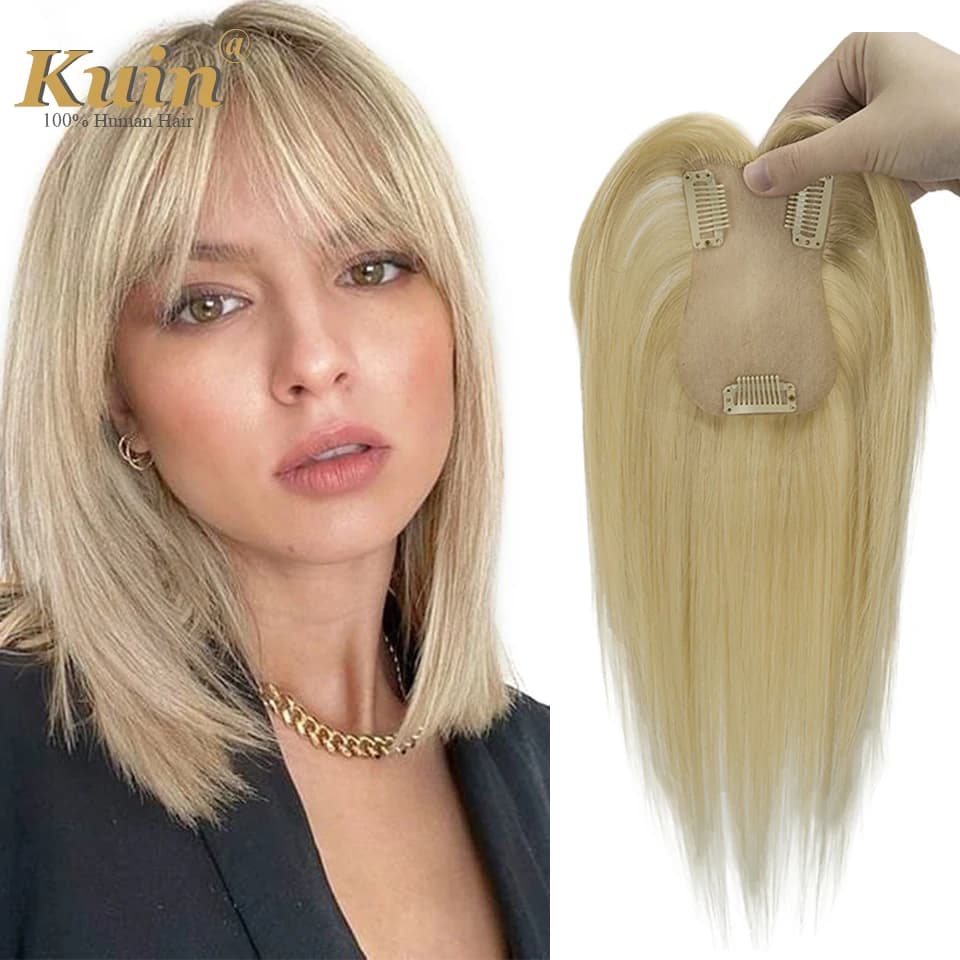 Topper for human hair 7x11 cm for woman 3 clips in human hair extensions Topper for natural hair with straight blonde silk base
